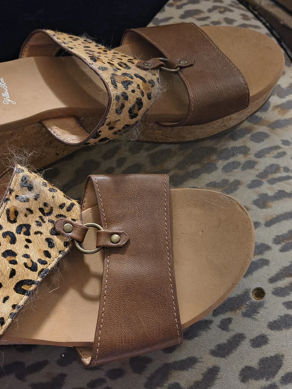 Yellow Box Brown Leather and Leopard Print Sandals - Picture 2 of 5